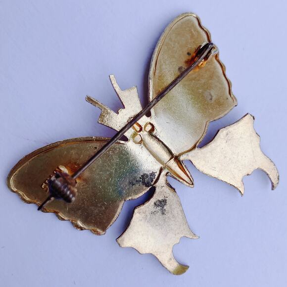 VTG 1950s Butterfly Brooch Gold Tone Black Colorful Enamel Cloisonné Style Pin - Picture 6 of 8